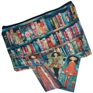 Boho Style Cosmetic, Makeup, Pencil Pouch Bag Colorful Book Print NWT